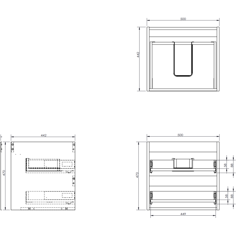 Servantskap teknisk tegning av 50 cm eikemodell med riflet front, sett fra front, topp og side.