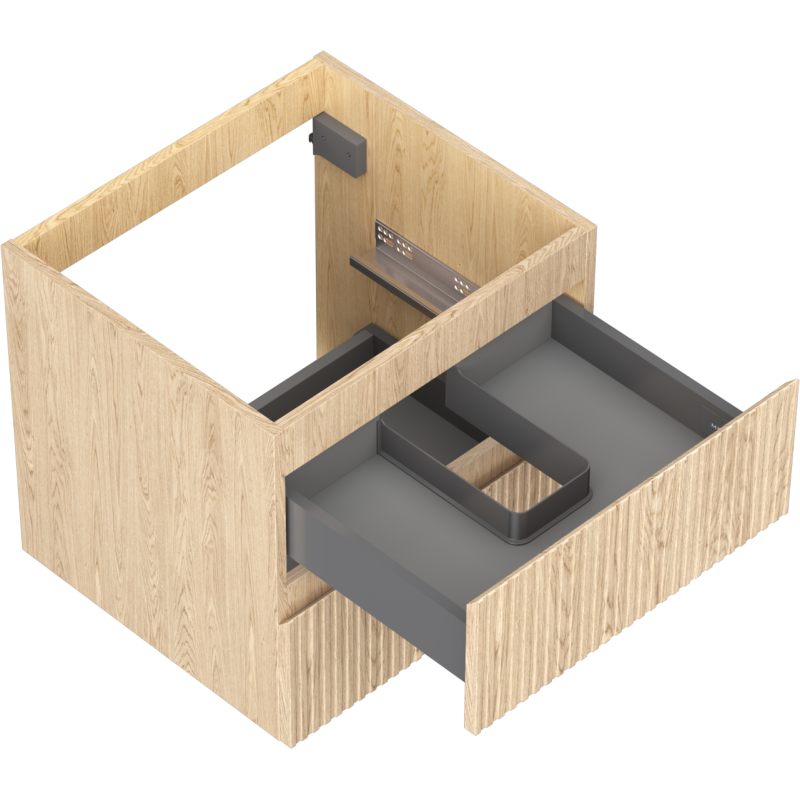 Servantskap uten vask 50 cm i eik med to skuffer, riflet front og grå, U-formet inndeling.