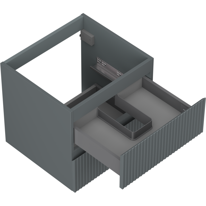Servantskap uten vask grafitt matt 50 cm med to skuffer, åpnet skuff med rominndeling og riller.