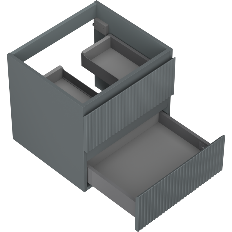 Servantskap til bad i grafitt matt med to åpne skuffer og vertikale riller, sett ovenfra.