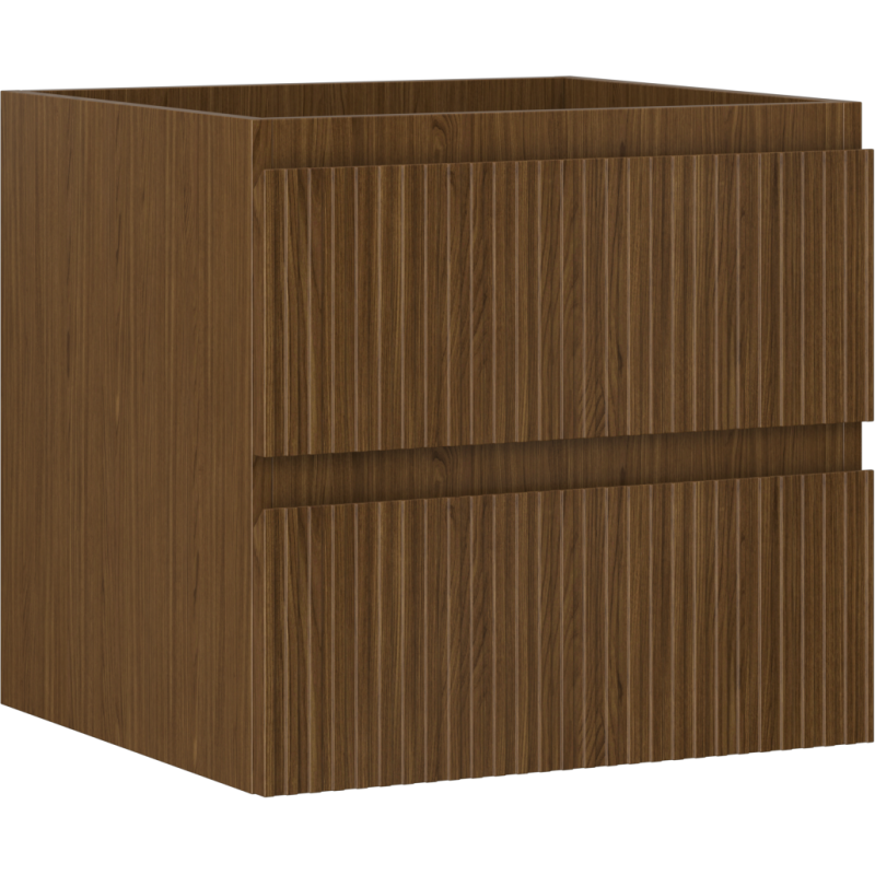 Servantskap 50 cm valnøtt med to riflete skuffer og integrerte håndtak, sett skrått forfra.