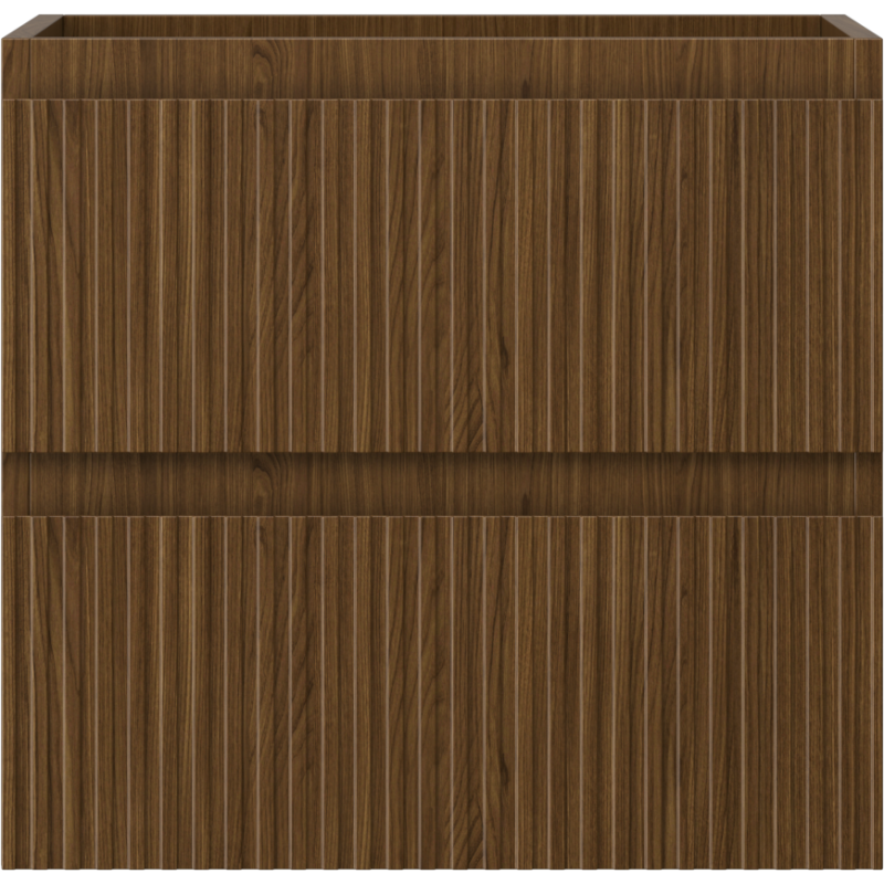 Underskap til servant i valnøtt med riflet front og to skuffer, sett rett forfra.