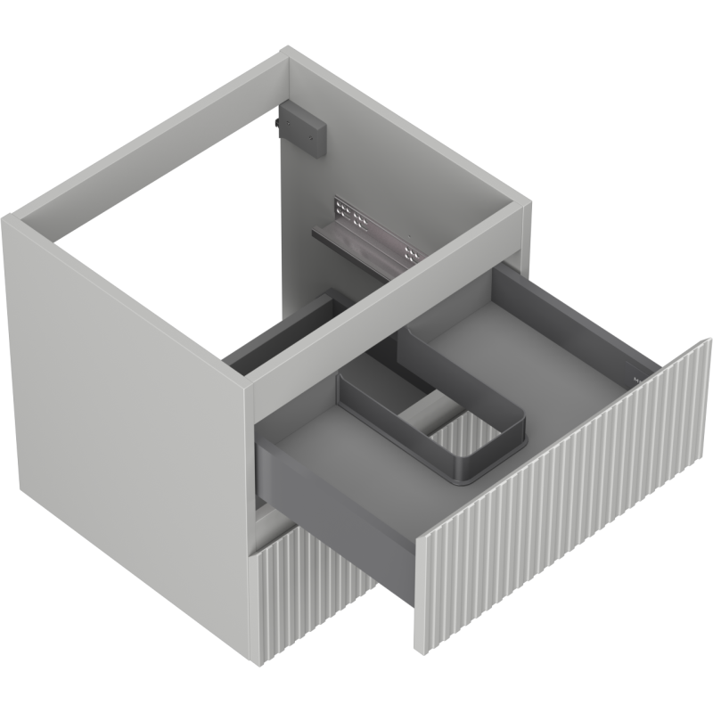 Servantskap uten vask grå Mexen Rivel 50 cm med åpnet skuff og riflet front, sett skrått ovenfra.