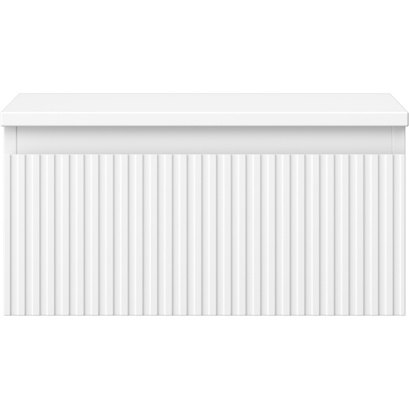 Underskap til servant i hvit matt utførelse med vertikale riller og én skuff, sett forfra.