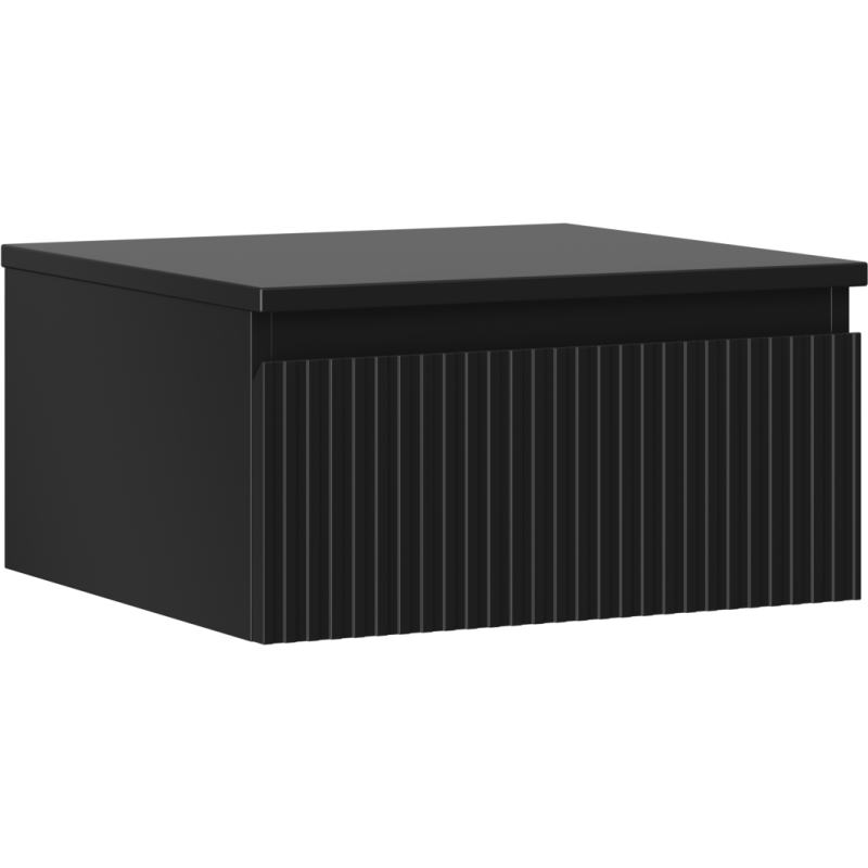 Servantskap 50 cm svart matt med vertikale riller sett fra skrå hjørnevinkel.