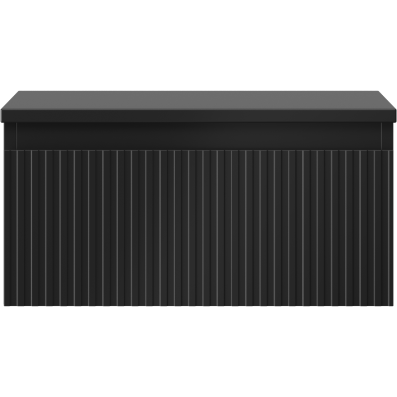 Underskap til servant i svart matt plast med én skuff, sett forfra med loddrette riller på fronten.