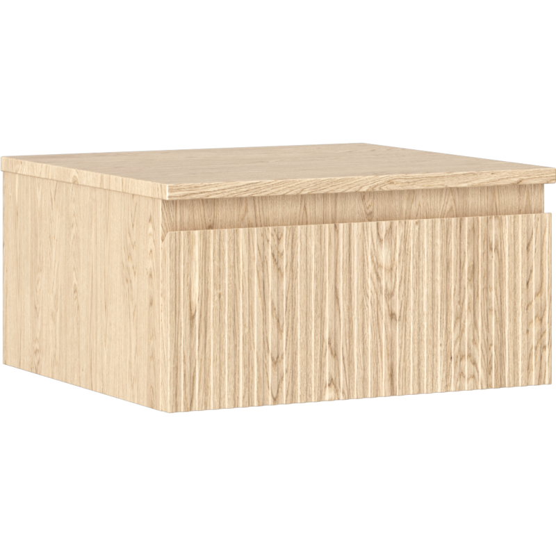 Servantskap 50 cm i lys eik med riflet front og én skuff, vist fra skrå vinkel.