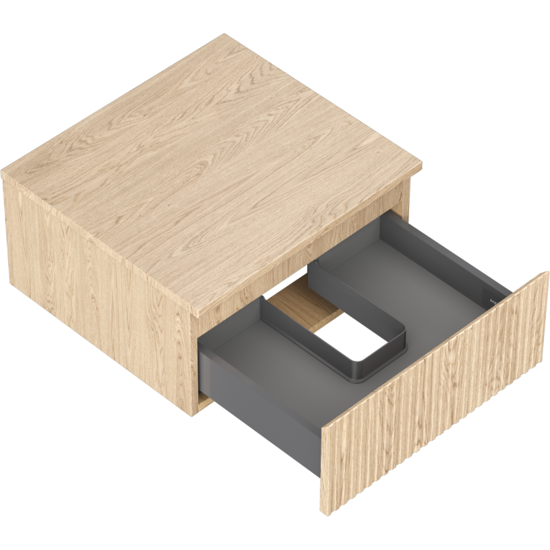 Servantskap uten vask i lyst eik, åpen grå innerskuff tilpasset rør, sett i vinkel ovenfra.