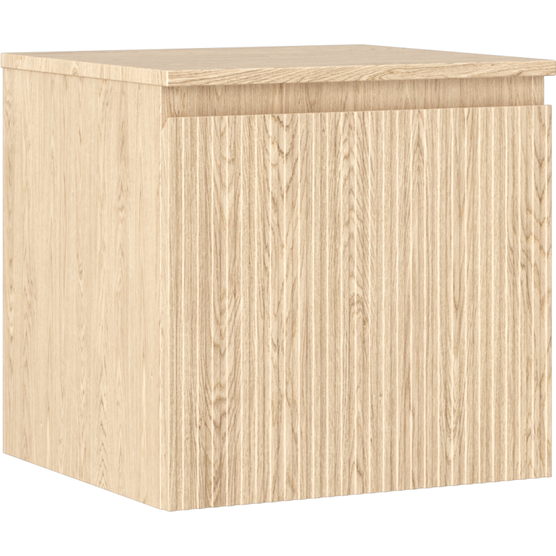 Servantskap 50 cm i lys eik med riflet front, vist fra skrått side- og frontperspektiv.