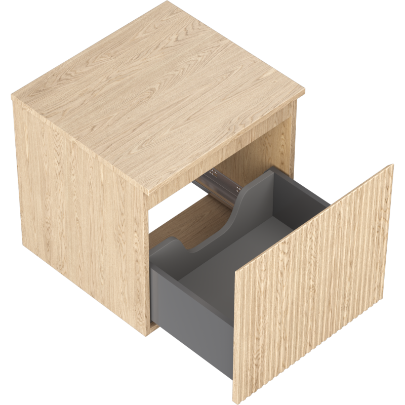 Servantskap uten vask i lyst eik med riflet skuffefront og grå skuff trukket ut.