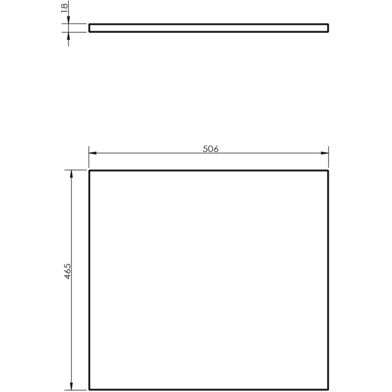 Underskap til servant teknisk tegning med mål på 50 cm bredde, 46,5 cm høyde og 1,8 cm tykkelse.