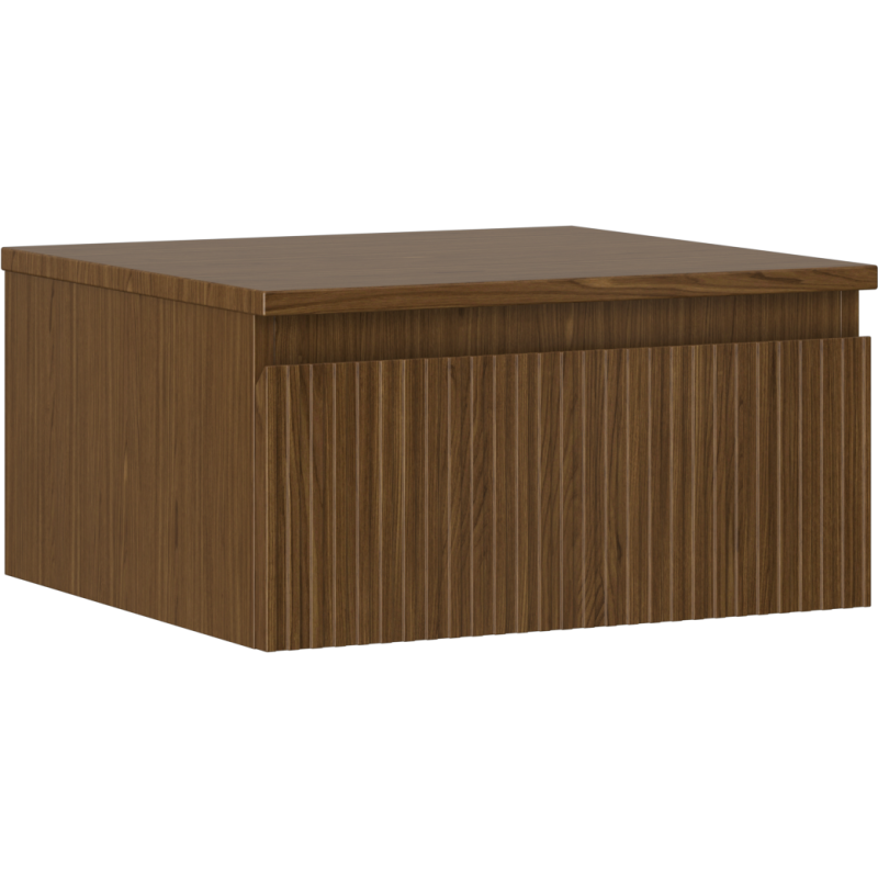 Servantskap 50 cm i valnøtt med én skuff og riflet front, sett skrått forfra mot høyre.