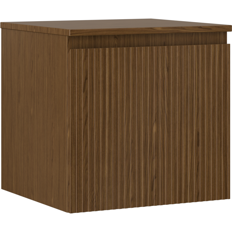 Servantskap 50 cm i valnøtt med riflet front og én skuff, sett fra hjørne i perspektiv.