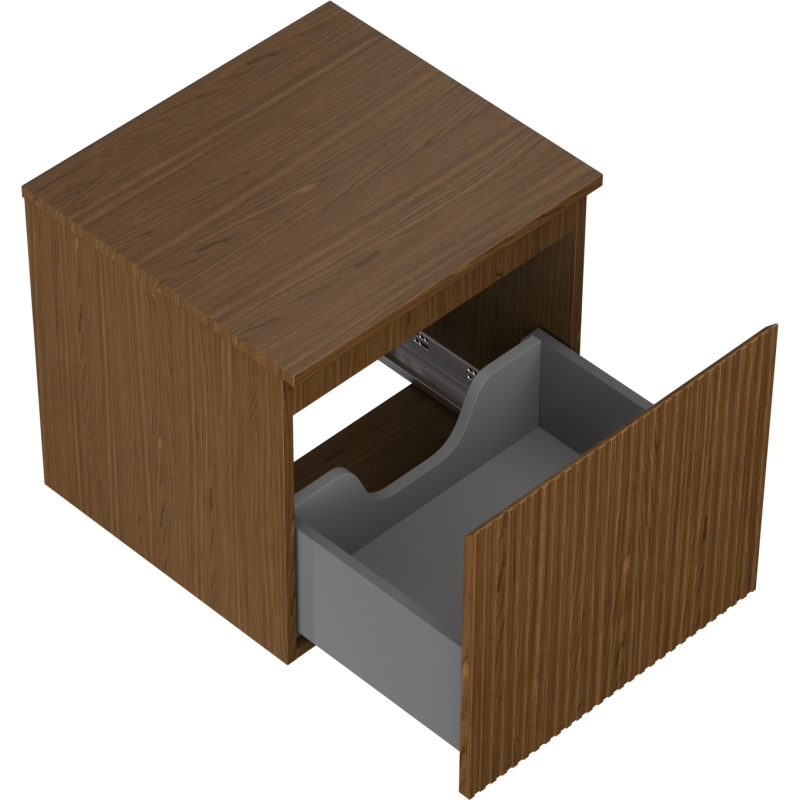 Servantskap uten vask 50 cm Mexen Rivel i valnøtt med riflet front og åpen grå innerskuff.