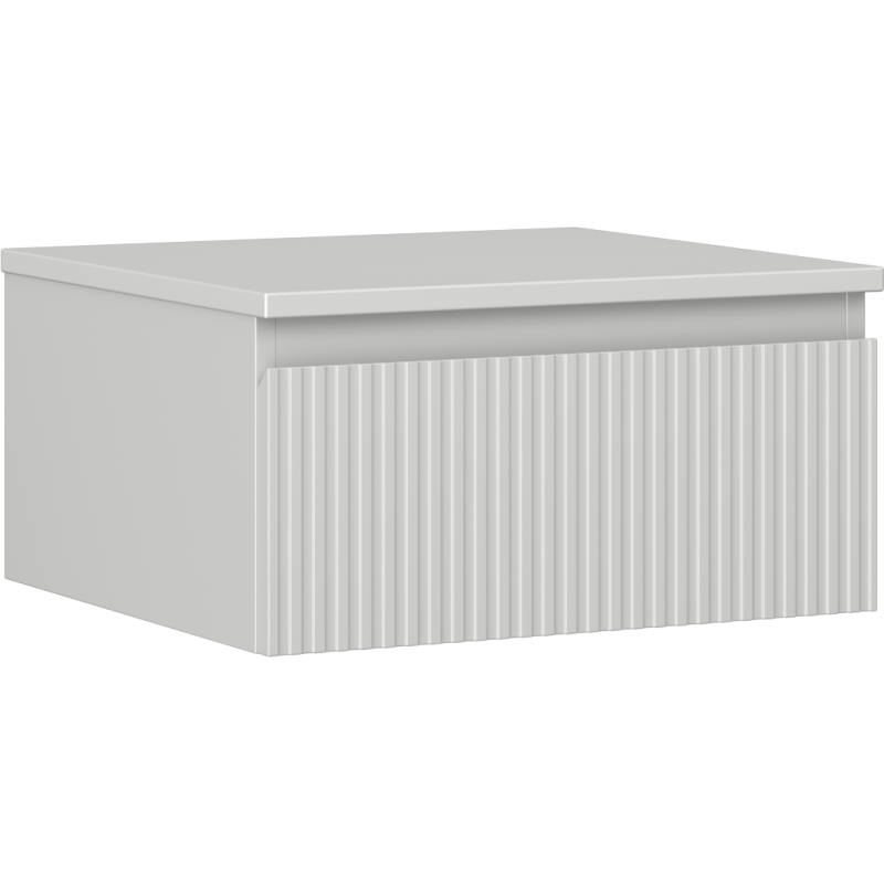 Servantskap 50 cm grå matt med én skuff og riflet front, vist fra front og venstre side.