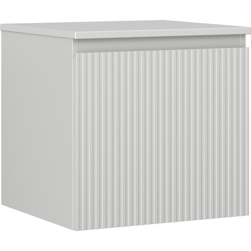 Servantskap 50 cm grå matt med én skuff og riflet front, vist fra skrå vinkel.