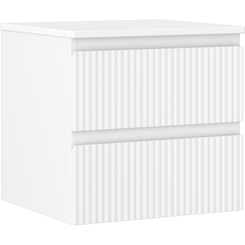 Servantskap 50 cm hvit matt med to riflete skuffer, sett fra skrå vinkel.