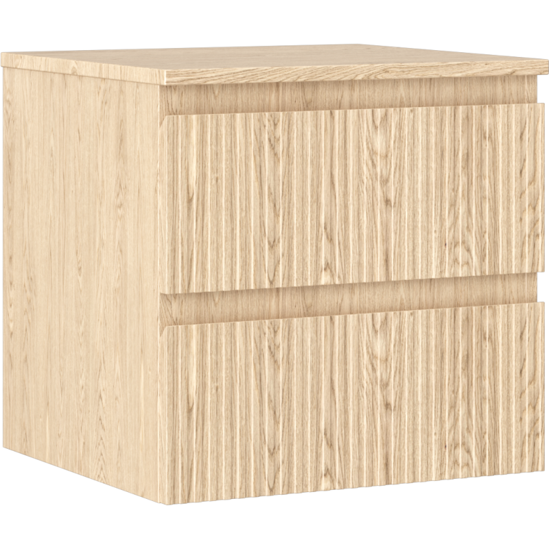 Servantskap 50 cm i lys eik med riflet front og to skuffer, sett skrått forfra.