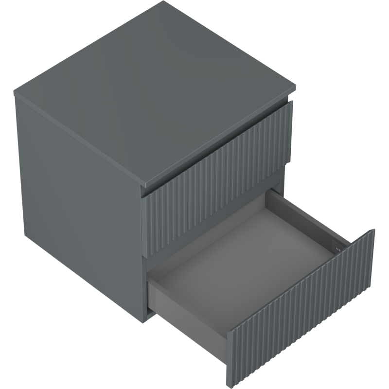 Servantskap til bad 50 cm grafitt matt med rillede fronter og en åpen skuff, sett skrått ovenfra.