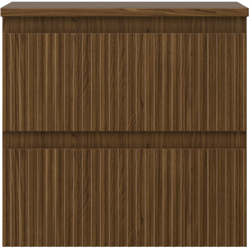 Underskap til servant i valnøtt med riflet front og to skuffer, sett rett forfra.