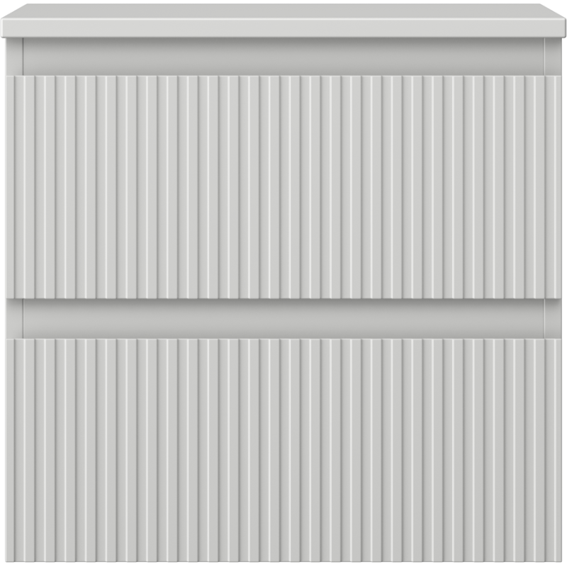 Underskap til servant i grå matt metall med riflet front og to skuffer, sett rett forfra.