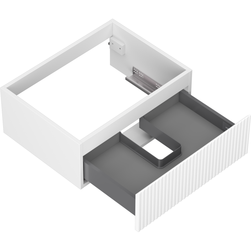 Servantskap uten vask 60 cm hvit matt med riflet front og grå skuff sett ovenfra i vinkel.