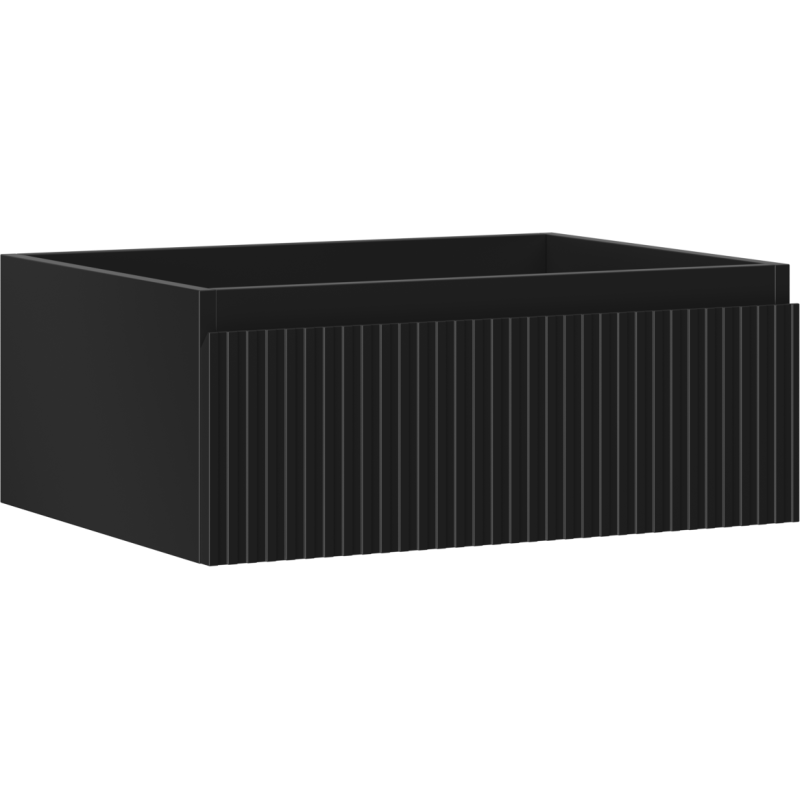 Servantskap 60 cm i svart matt med én skuff og vertikale riller, sett fra skrå vinkel.