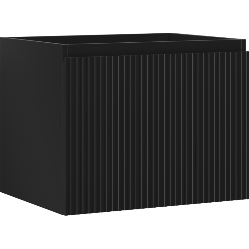 Servantskap 60 cm svart matt med én skuff og vertikale riller, sett fra skrått frontperspektiv.