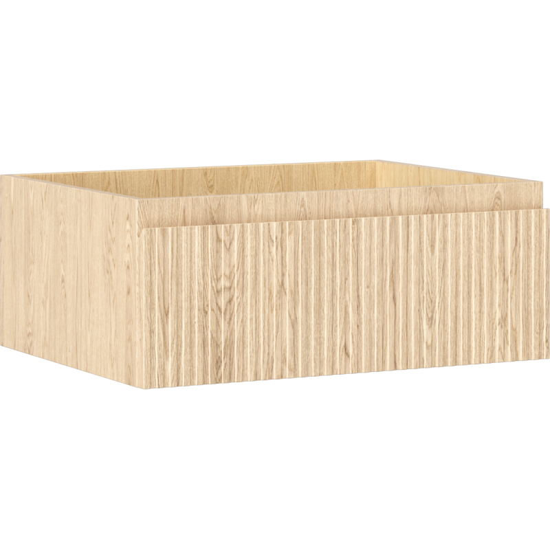 Servantskap 60 cm i lys eik med riflet front, én skuff, sett fra skrå vinkel uten håndtak.