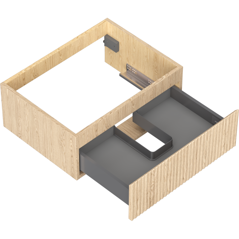 Servantskap uten vask 60 cm i eik med riflet front, sett ovenfra med grå skuff delvis åpen.