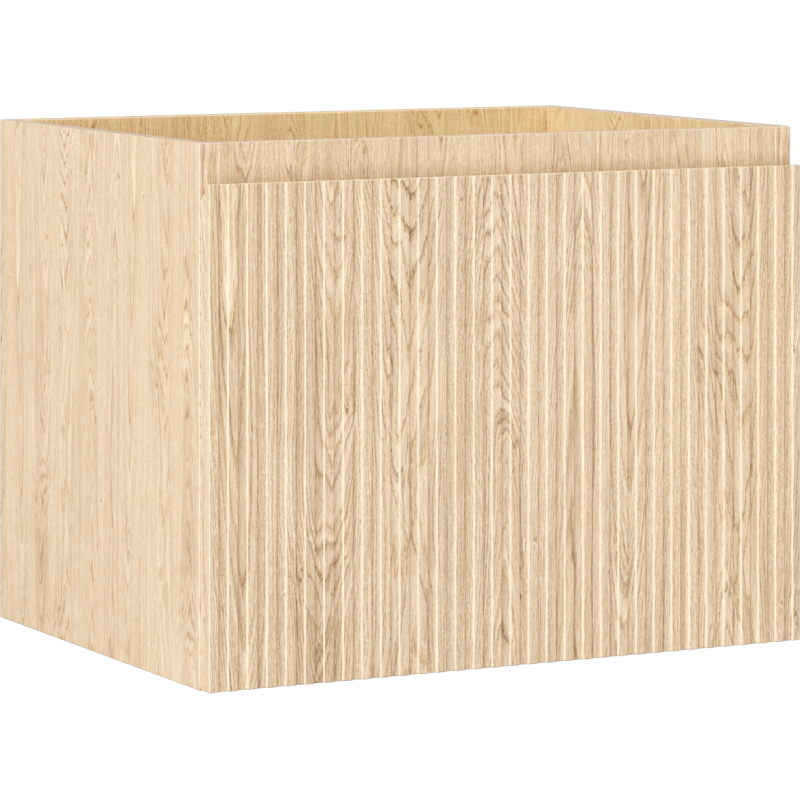 Servantskap 60 cm i lys eik med riflet front og én skuff, sett skrått forfra.