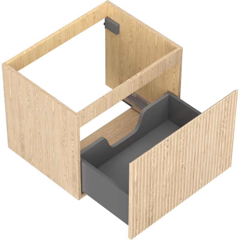 Servantskap uten vask 60 cm i eik med én åpen skuff og riflet front, sett skrått ovenfra.