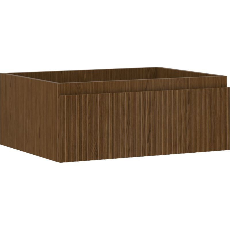 Servantskap 60 cm i valnøtt med riflet front og én skuff, sett fra skrå vinkel.