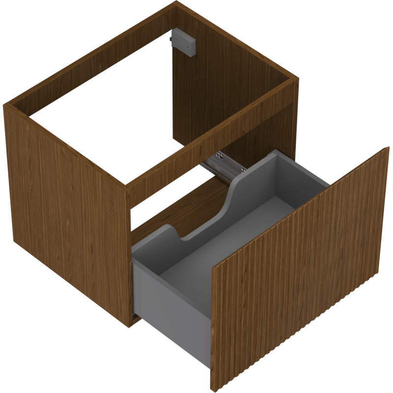 Servantskap uten vask 60 cm valnøtt med åpen grå skuff og riflet front, sett ovenfra.