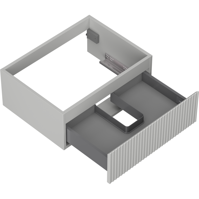 Servantskap uten vask 60 cm grå matt med én skuff, sett skrått ovenfra, vertikale riller på fronten.