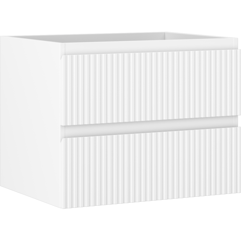 Servantskap 60 cm hvit matt med to brede skuffer og riflet front, sett fra skrå vinkel.