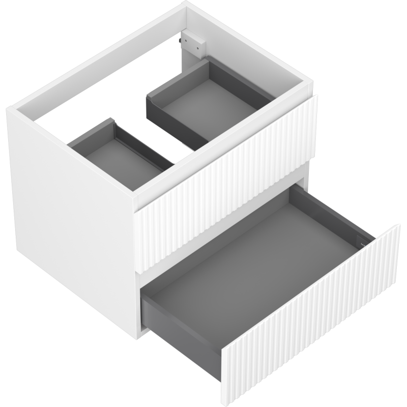 Servantskap til bad 60 cm hvit matt med riflet front, én stor grå skuff og to smale indre skuffer.