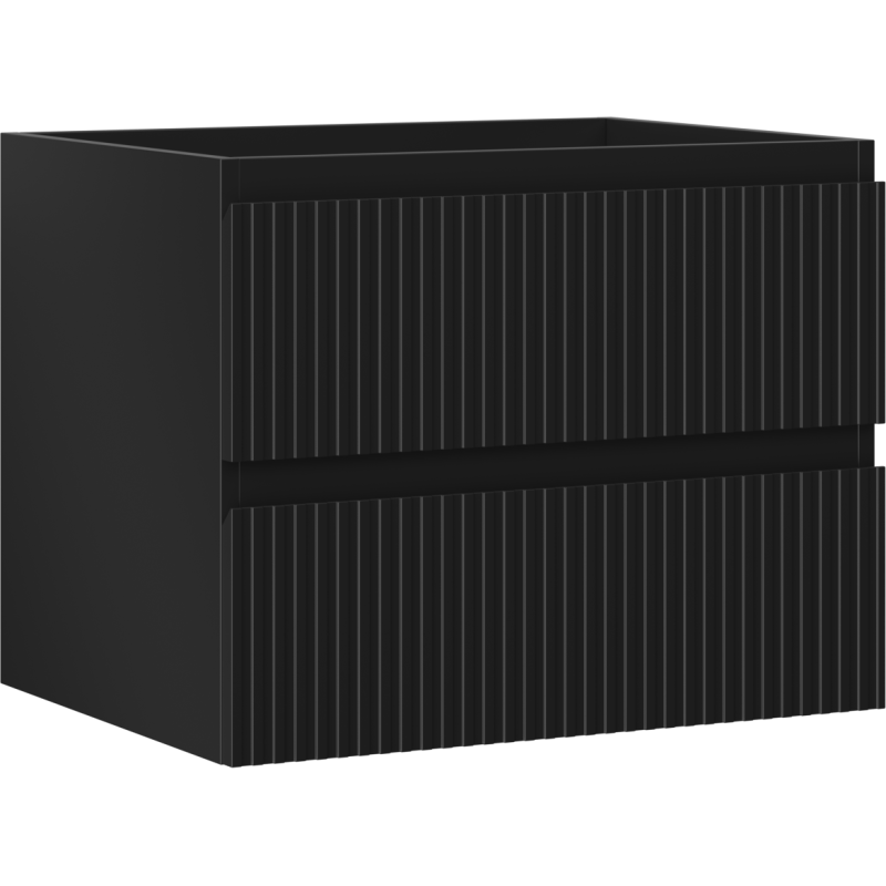 Servantskap 60 cm svart matt med to skuffer og vertikale riller, sett fra skrå vinkel.