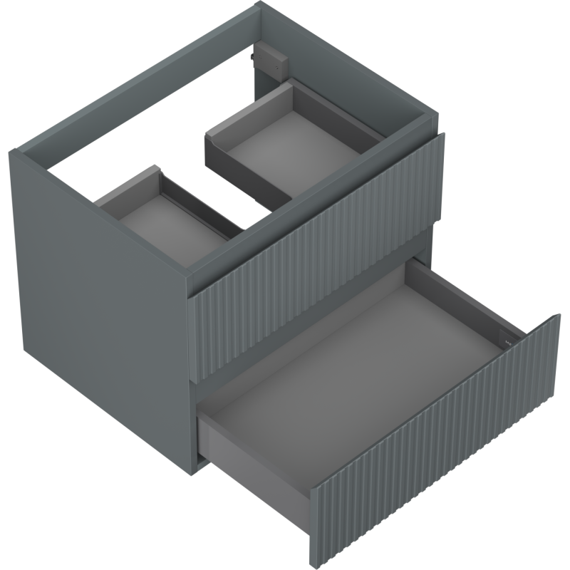 Servantskap til bad 60 cm grafitt matt med åpne skuffer og riflet frontpanel sett fra skrå vinkel.