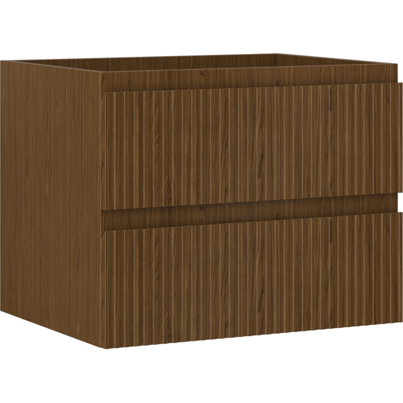 Servantskap 60 cm i valnøtt med riflet front og to skuffer, avbildet fra skrå vinkel.