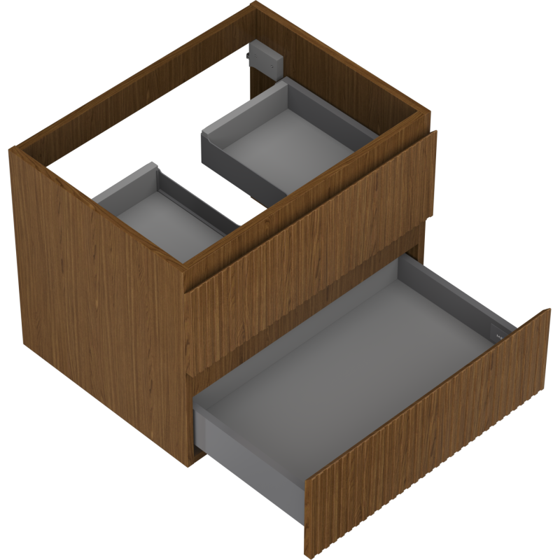 Servantskap til bad i valnøtt med to grå skuffer trukket ut, synlige metallskinner og innmat.