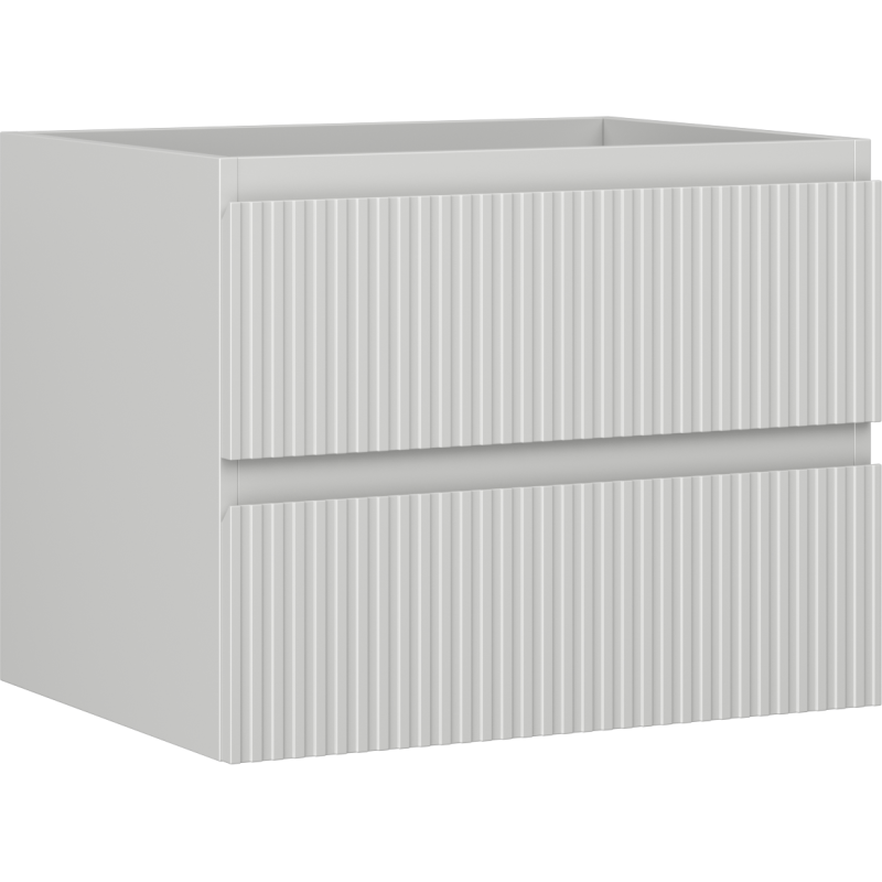 Servantskap 60 cm i grå matt med to skuffer og vertikale riller, sett skrått forfra.