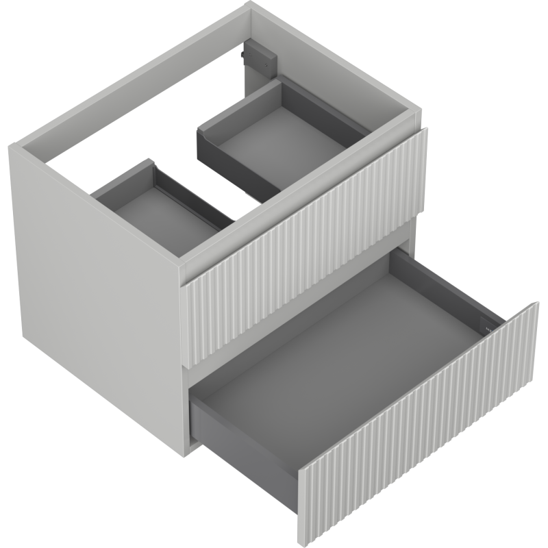 Servantskap til bad 60 cm i lys grå matt med to skuffer og vertikale riflete fronter.