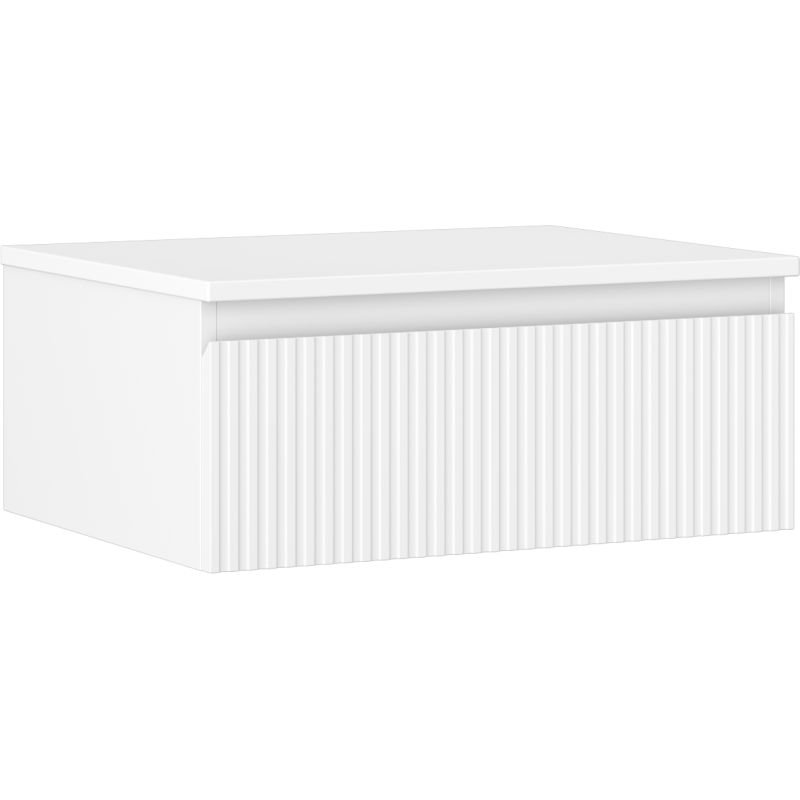 Servantskap 60 cm hvit matt med riflet front og glatt lokk, sett fra skrå vinkel.