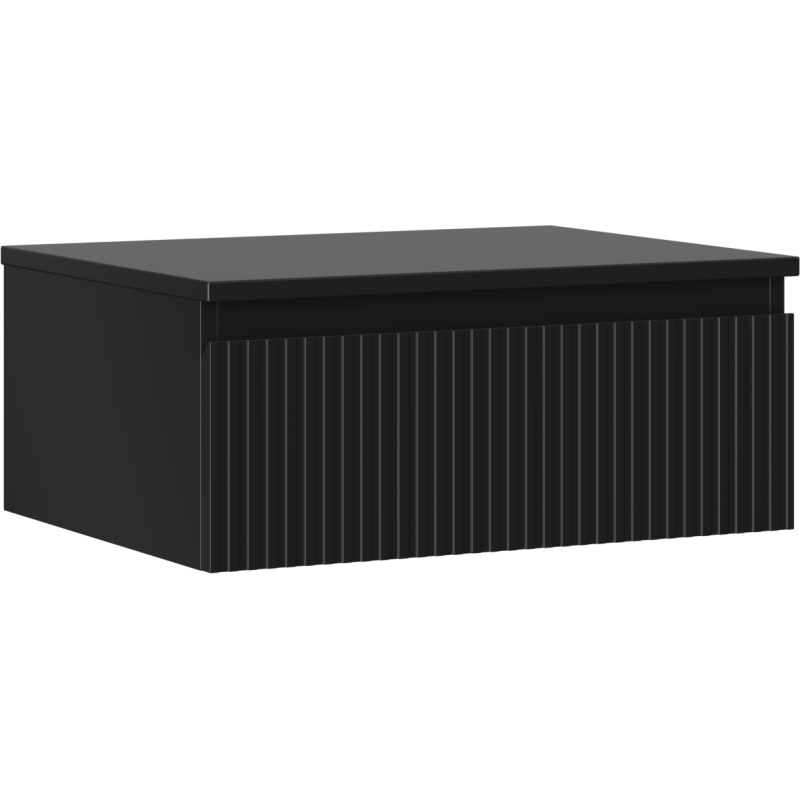 Servantskap 60 cm svart matt med én skuff, vertikale riller og lokk, sett skrått forfra.