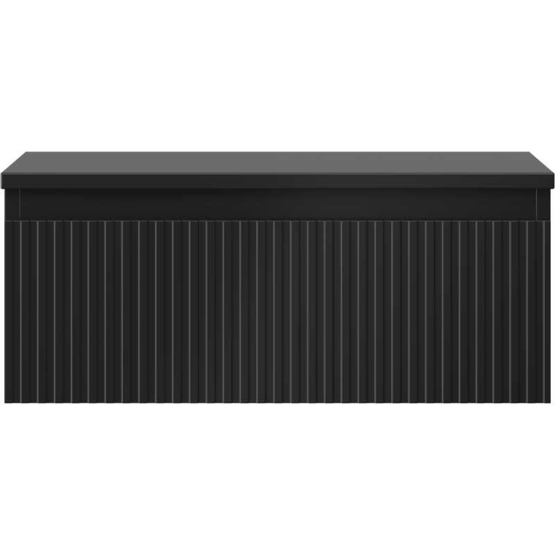 Underskap til servant i svart matt plast med ribbet front og glatt lokk, sett rett forfra.