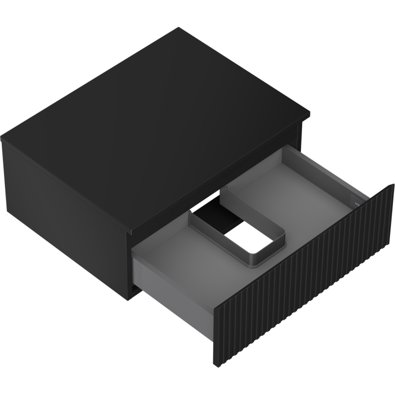 Servantskap uten vask svart matt Mexen Rivel 60 cm med åpen grå skuff og vertikale riller.