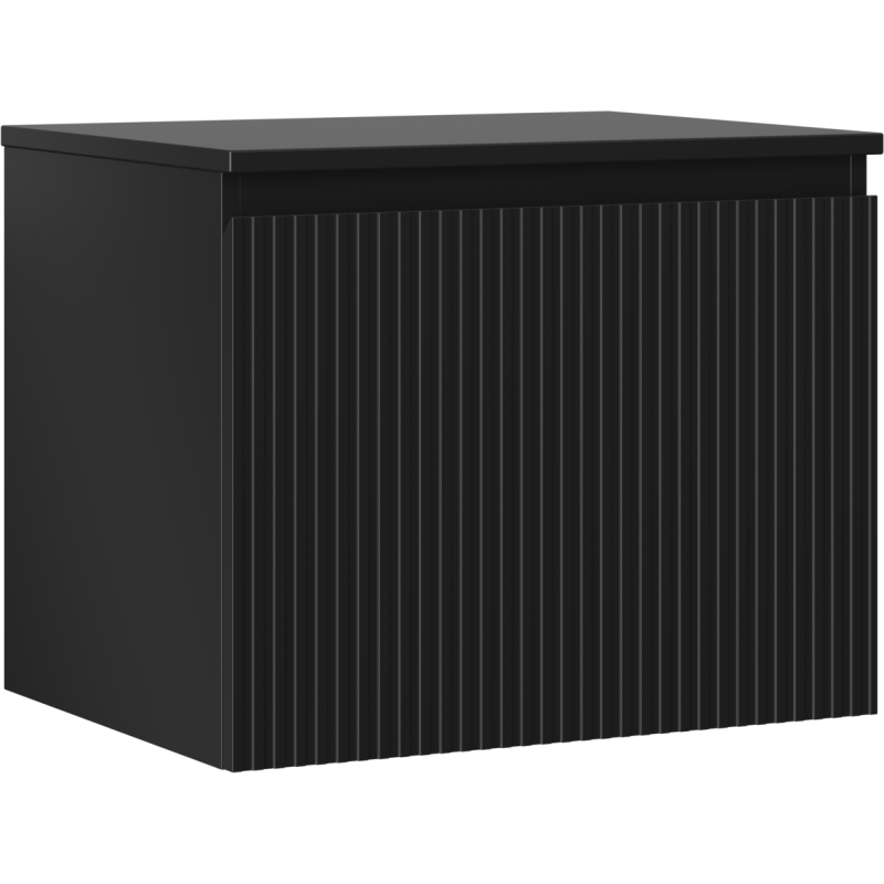 Servantskap 60 cm svart matt med riflet front og én skuff, sett skrått forfra.