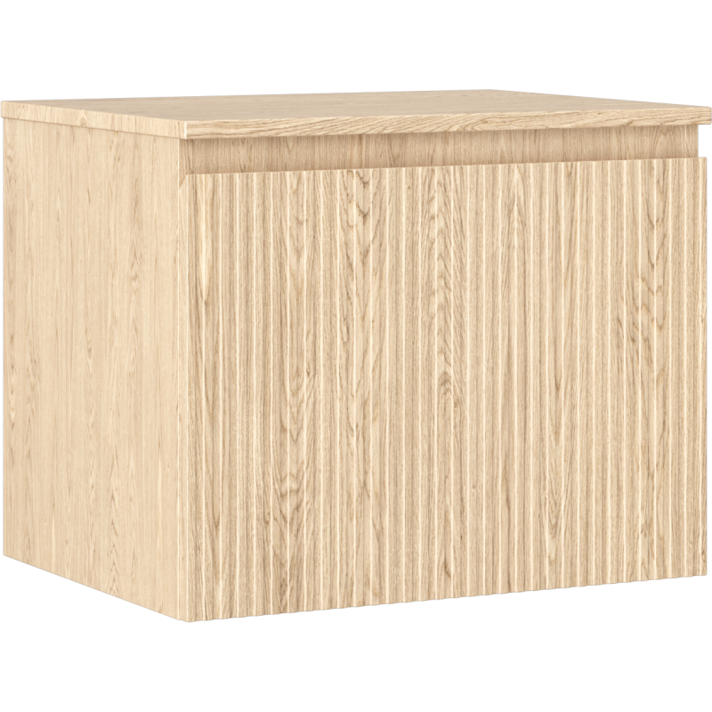 Servantskap 60 cm i lys eik med én skuff og riflet front, sett fra hjørne.