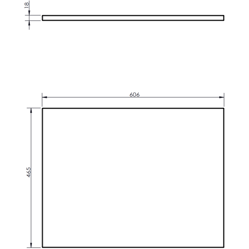 Underskap til servant teknisk tegning av grafitt matt panel 606x465x18 mm, sett fra siden og forfra.